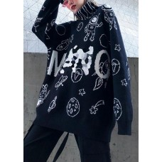 Cute black Cartoon print knitted t shirt casual high neck knit sweat tops