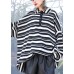Women black white striped knit tops plus size clothing lapel baggy knit sweat tops
