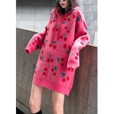 For Spring pink print Sweater weather fashion drawstring hooded knitted tops