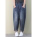 French Dark Blue Elastic Waist Pockets Patchwork Cotton Denim Pants Spring