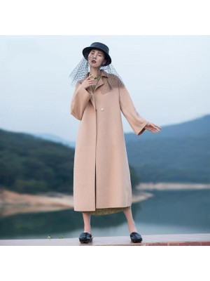 2018 nude pink wool coat plus size tie waist Winter coat lapel collar jacket