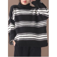 Comfy black striped clothes oversized winter sweaters high neck