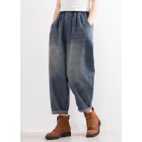 Plus Size Denim Blue Elastic Waist Pockets Patchwork Applique Cotton Harem Pants Fall