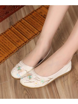 Art Splicing Flat Shoes For Women Beige Embroideried Cotton Linen Fabric