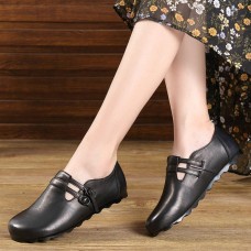 Black Cowhide Leather Flat Shoes Buckle Strap Flats