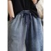 Art Blue Elastic Waist Pockets Patchwork Striped Cotton Denim Harem Pants Fall