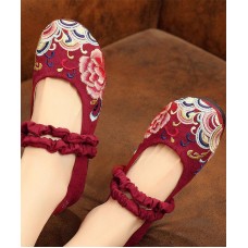 Red Embroideried Cotton Linen Fabric Flat Shoes Lace Up Flat Shoes