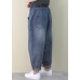 French Dark Blue Elastic Waist Pockets Patchwork Cotton Denim Pants Spring