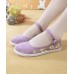 Beige Embroideried Cotton Fabric Flat Shoes Buckle Strap Flat Shoes