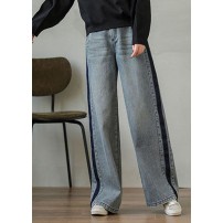 Stylish Blue High Waist Oversized Pockets Patchwork Cotton Denim Pants Summer