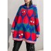 Women blue print Blouse plus size knit tops hooded drawstring tops