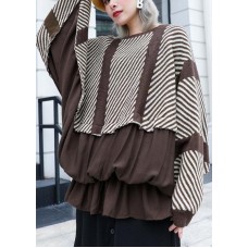 Oversized chocolate striped box top plus size clothing o neck ruffles patchwork knit sweat tops